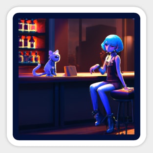 Cat and Woman Order Drinks at Fancy Bar Sticker